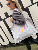 'Thunderstruck' Heather Grey Tote Bag (Large) by stray funk design