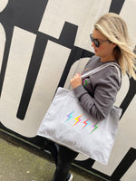 'Thunderstruck' Heather Grey Tote Bag (Large) by stray funk design