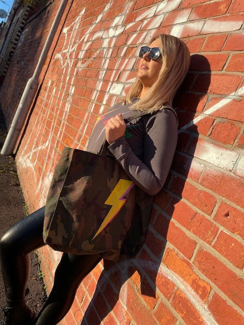 'Lightning' Camo Tote Bag (Large) by stray funk design