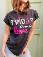 'Friday I'm In Love' Stone Wash Black Rolled Sleeve Organic Tee by stray funk design