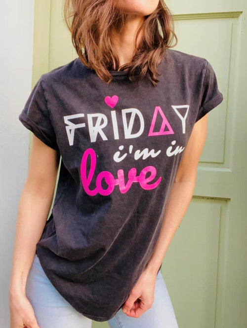 'Friday I'm In Love' Stone Wash Black Rolled Sleeve Organic Tee by stray funk design