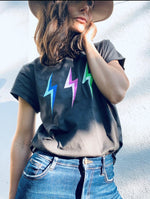 'Thunderstruck' Pastel Power Ash Black Rolled Sleeve Organic Tee by stray funk design