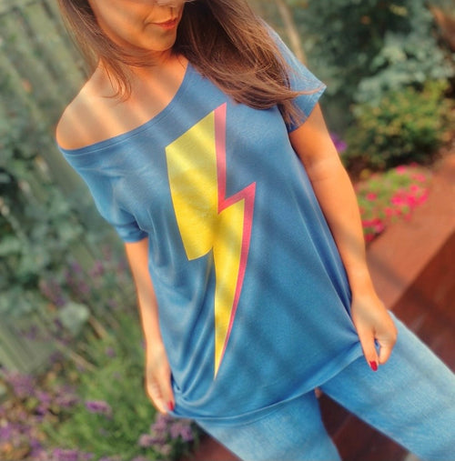 'Lightning' Organic Oversized Tee - Faded Denim by stray funk design