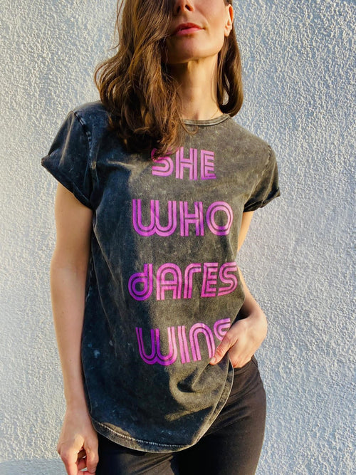 'She Who Dares Wins' Acid Black Rolled Sleeve Organic Tee by stray funk design